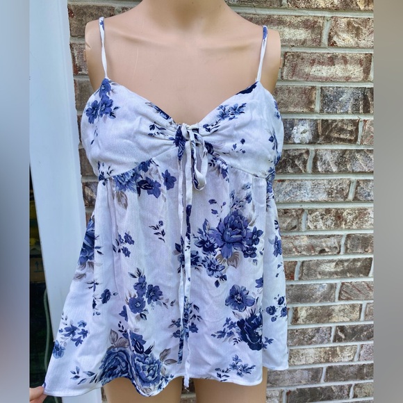 American Eagle Outfitters Tops - American Eagle Outfitters White & Blue Floral Babydoll Camisole Top W/ Tie Front